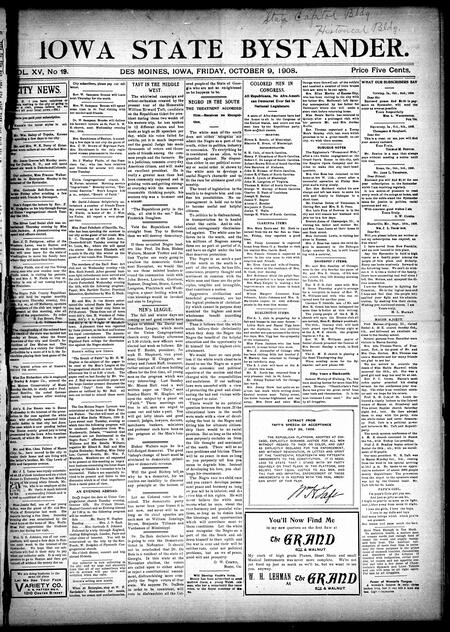 Iowa state bystander. volume 15, number 19, October 09, 1908