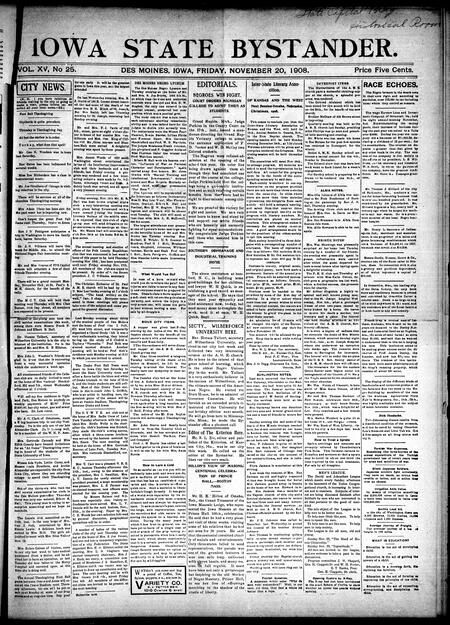 Iowa state bystander. volume 15, number 25, November 20, 1908