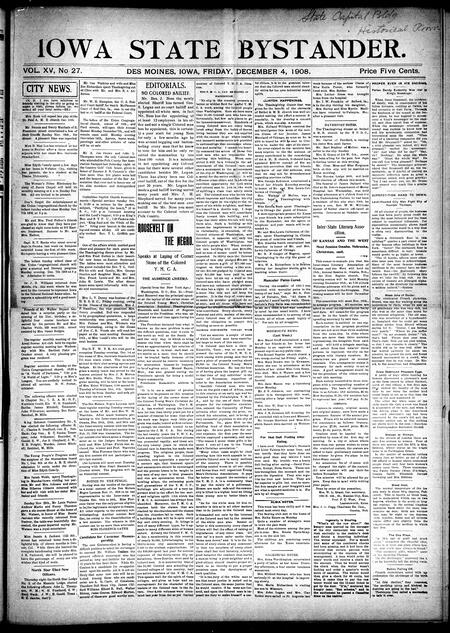Iowa state bystander. volume 15, number 27, December 04, 1908