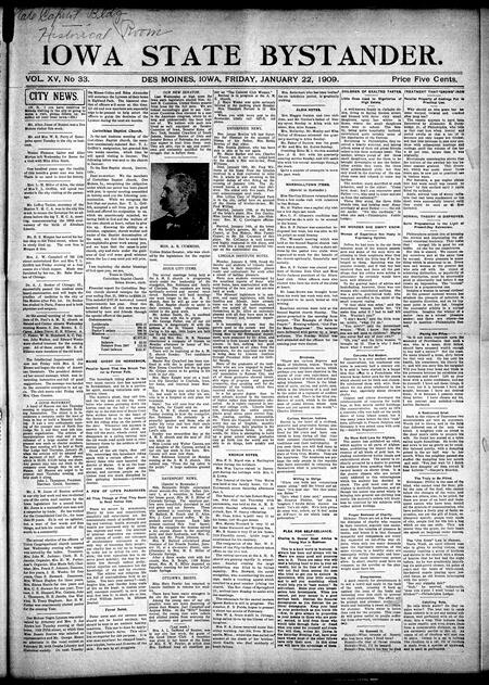 Iowa state bystander. volume 15, number 33, January 22, 1909