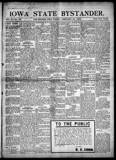 Iowa state bystander. volume 15, number 38, February 26, 1909