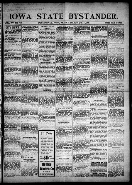 Iowa state bystander. volume 15, number 42, March 26, 1909