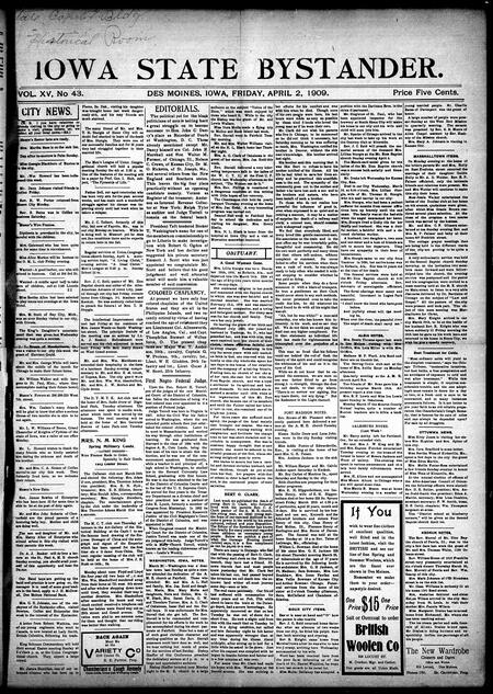 Iowa state bystander. volume 15, number 43, April 02, 1909