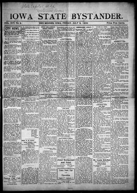 Iowa state bystander. volume 16, number 05, July 09, 1909