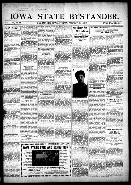 Iowa state bystander. volume 16, number 09, August 06, 1909