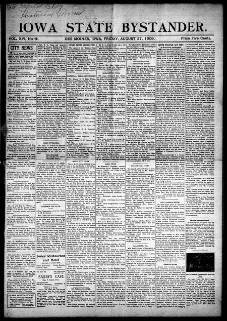 Iowa state bystander. volume 16, number 12, August 27, 1909