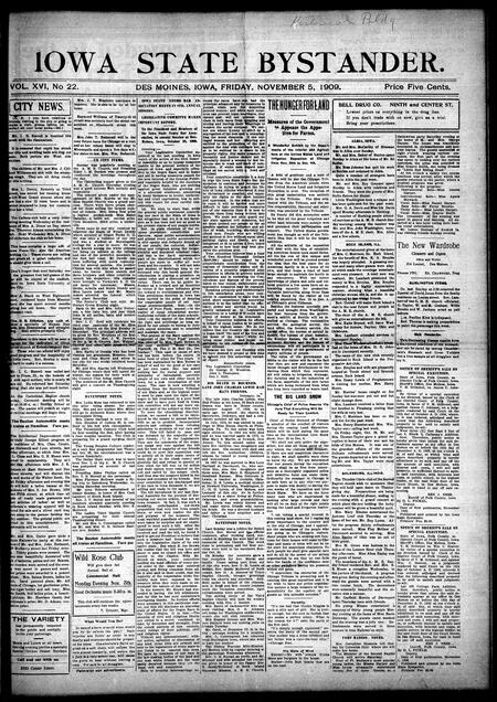 Iowa state bystander. volume 16, number 22, November 05, 1909