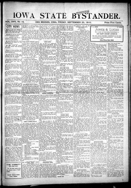 Iowa state bystander. volume 17, issue 15, September 23, 1910