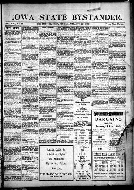 Iowa state bystander. volume 17, issue 31, January 20, 1911