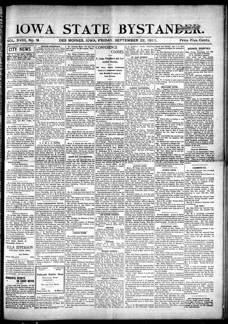 Iowa state bystander. volume 18, issue 15, September 22, 1911