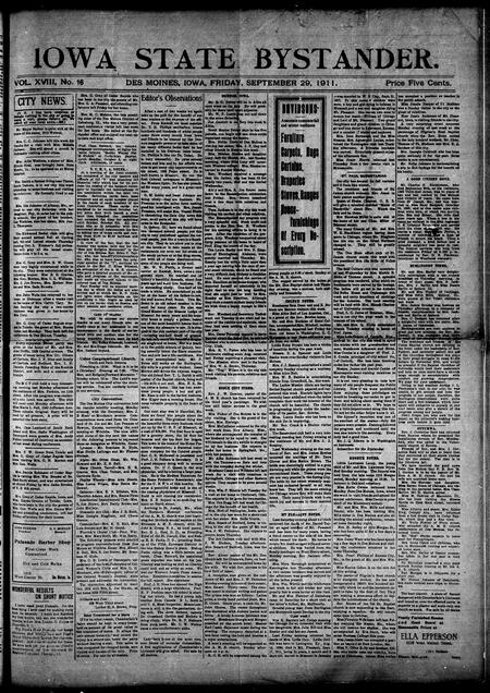 Iowa state bystander. volume 18, issue 16, September 29, 1911
