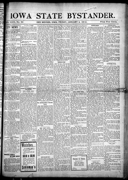 Iowa state bystander. volume 18, issue 30, January 05, 1912