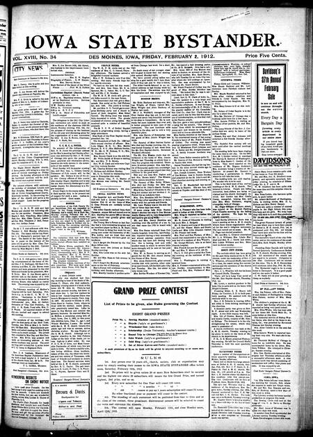 Iowa state bystander. volume 18, issue 34, February 02, 1912