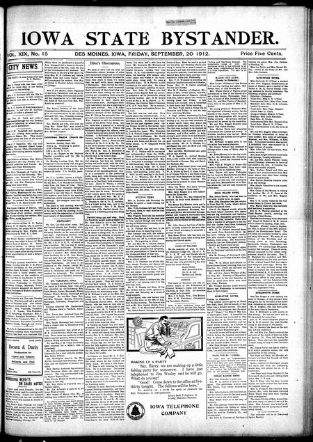 Iowa state bystander. volume 19, issue 15, September 20, 1912