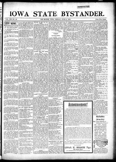 Iowa state bystander. volume 19, number 52, June 06, 1913