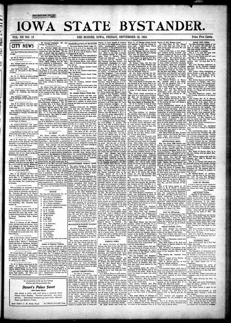 Iowa state bystander. volume 20, number 13, September 12, 1913