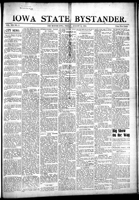 Iowa state bystander. volume 21, number 09, August 14, 1914