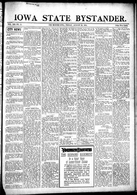 Iowa state bystander. volume 21, number 11, August 28, 1914