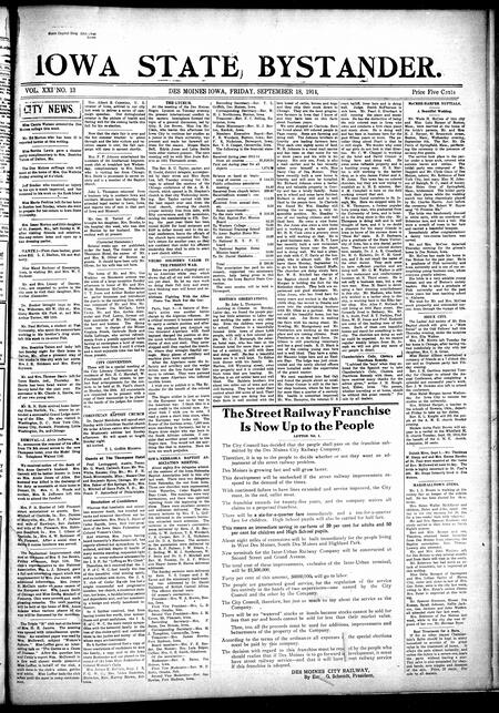 Iowa state bystander. volume 21, number 13, September 18, 1914
