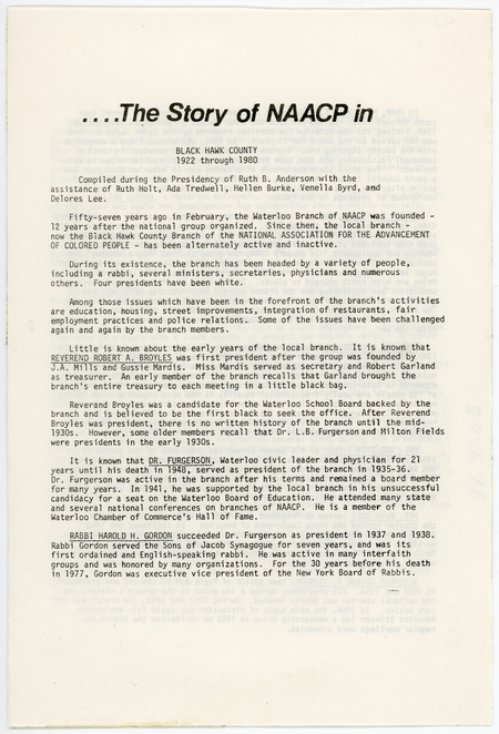 . . . .The Story Of Naacp In Black Hawk County, 1922 Through 1980, Circa 1978