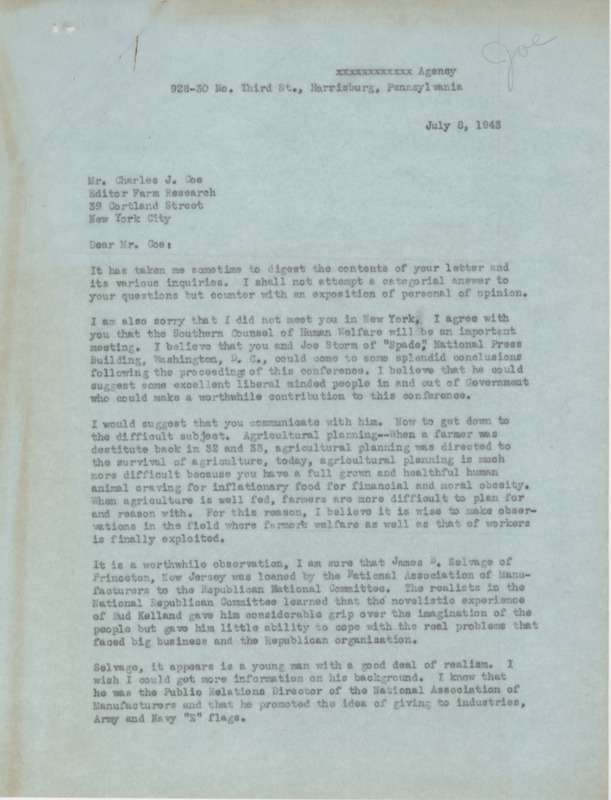 Letter from John A Smith to Charles J. Coe, regarding agricultural journalism and effective means of persuading farmers.