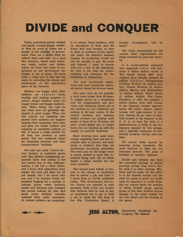 Handbill from the Jess Alton State Congressional Campaign urging unity amongst organized labor and farmers.