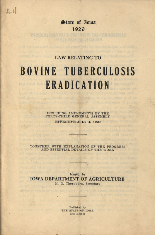 A copy of the laws created by the state of Iowa, related to the eradication of Bovine Tuberculosis.