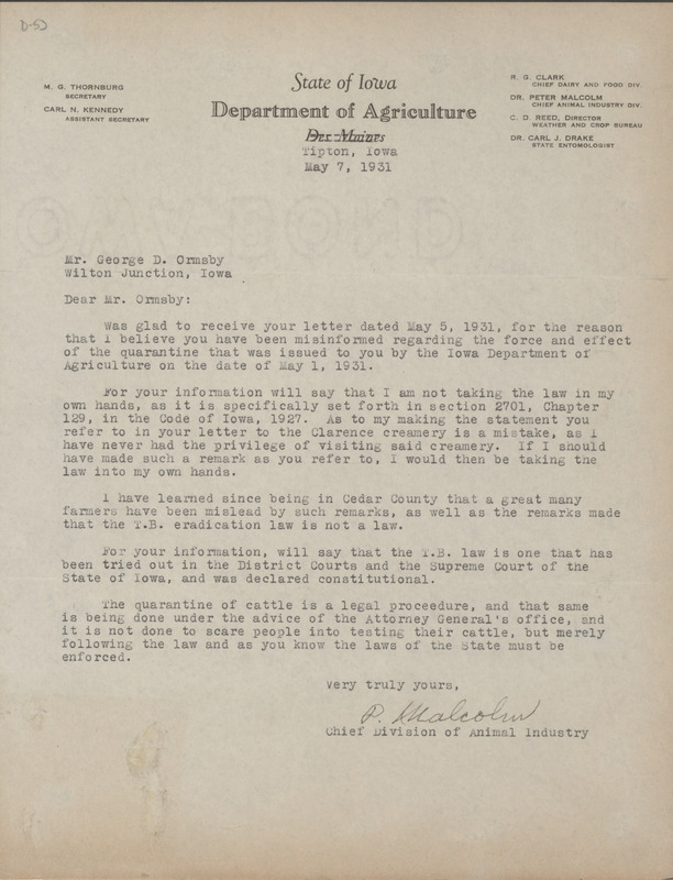 Letter from P. Malcohm to George D. Ormsby, discussing the quarantine of his dairy and breeding cattle.