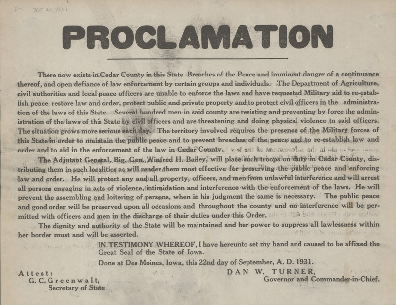 A proclamation sending troops to Cedar County to restore law and order.
