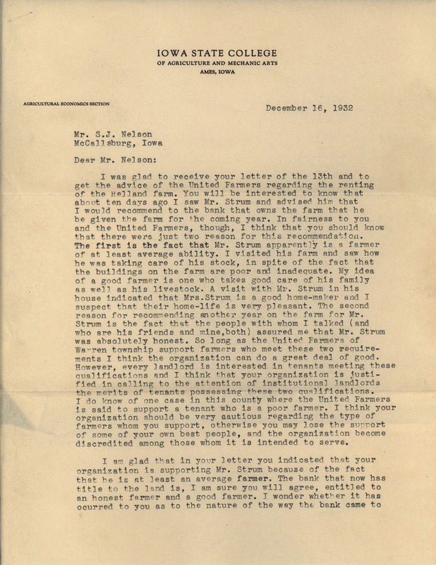 Letter from Millard Peck to S.J. Nelson, describing rationale for granting farm tenancy to a particular farmer on the recommendation of the United Farmers of Story County.