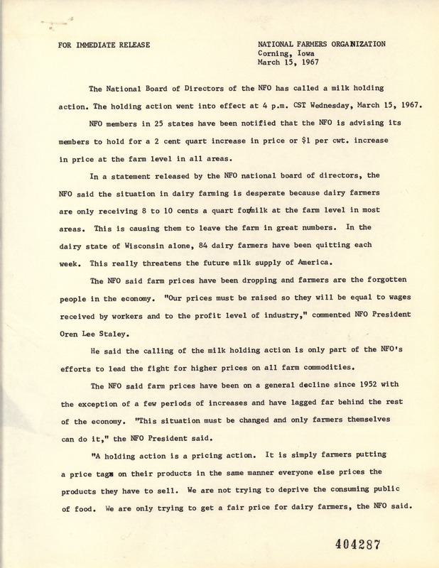 National Farmers Organization news release announcing a milk holding action.