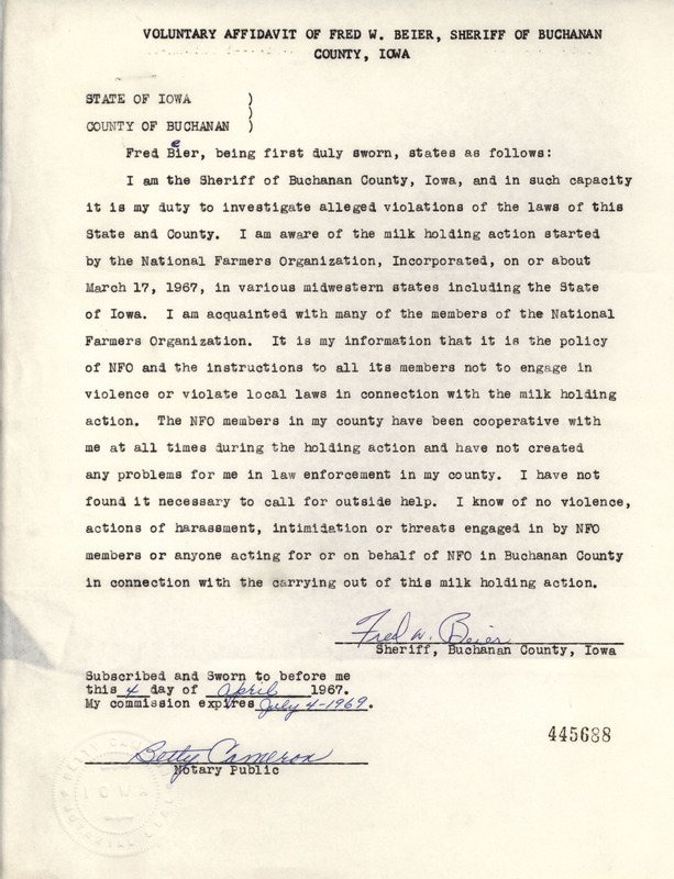 Signed and notarized affidavit of the Sheriff of Buchanan County, Iowa, indicating that there have been no acts of violence or violations of the law in connection with the 1967 milk holding action in the county.