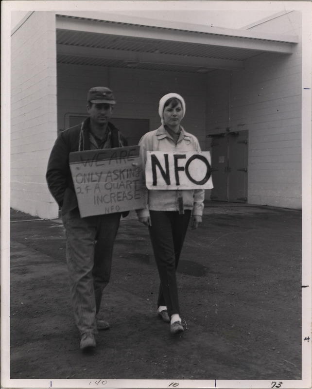 Photograph of a man and a woman with signs hung around their necks. The Man's sign reads, "We are only asking 2c a quart increase NFO." The woman's sign reads, "NFO."