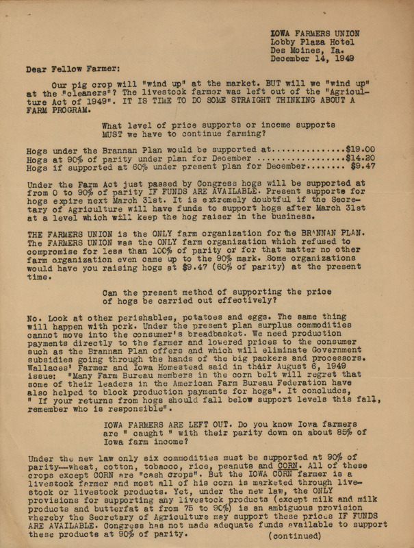 Letter from Iowa Farmers Union to members, urging supports for the Brannan Plan.