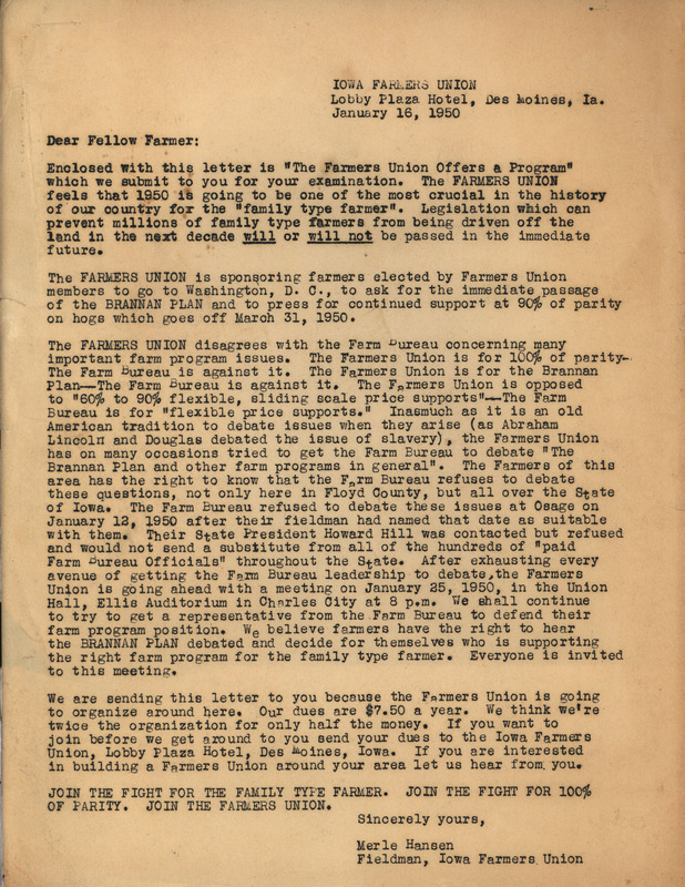 Letter from Merle Hansen of the Iowa Farmers Union to Fellow Farmer, introducing farmers to the Iowa Farmers Union.