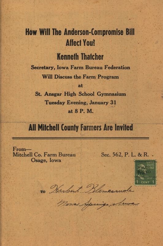 Program for a meeting of the Iowa Farm Bureau Federation in Mitchell County. Includes resolutions of the Iowa Farm Bureau Federation and a radio script on the Brannan Program.
