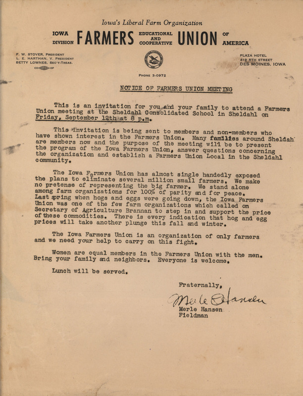 Memorandum announcing an organizing meeting of the Iowa Farmers Union at Sheldahl, Iowa.