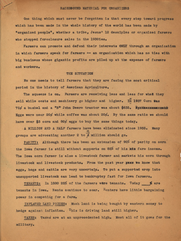 Background material for organizers to use to recruit members and organize new groups of the Iowa Farmers Union.
