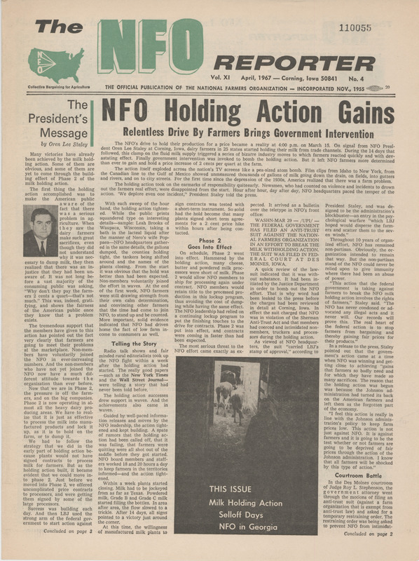 National Farmers Organization Reporter, April 1967. The reporter discusses NFO holding actions.