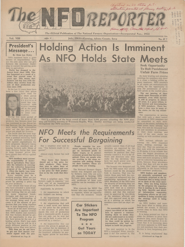National Farmers Organization Reporter, July 1964. This reporter discusses various NFO holding actions.