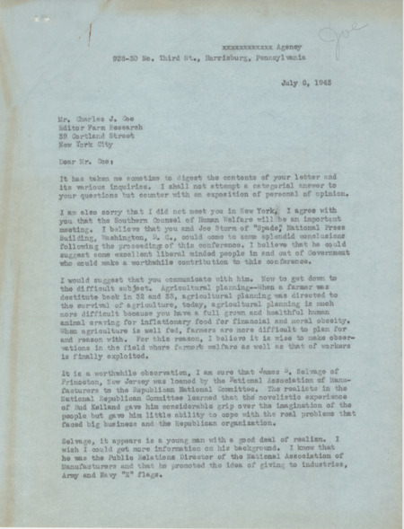 Letter from John A Smith to Charles J. Coe, regarding agricultural journalism and effective means of persuading farmers.