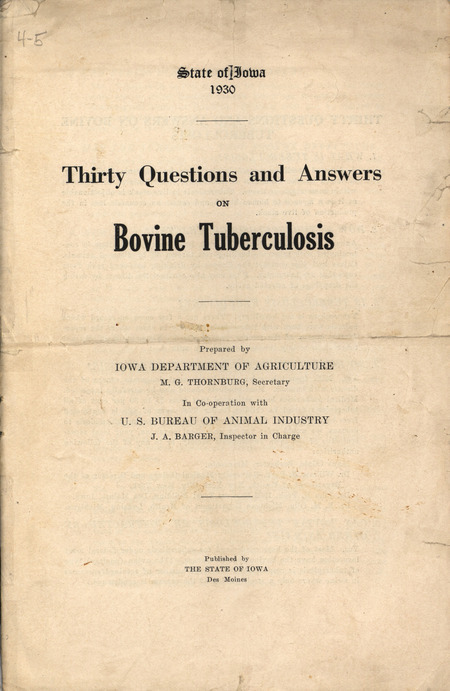 Information packet from the Iowa Agriculture Department titled "Thirty Questions and Answers on Bovine Tuberculosis."