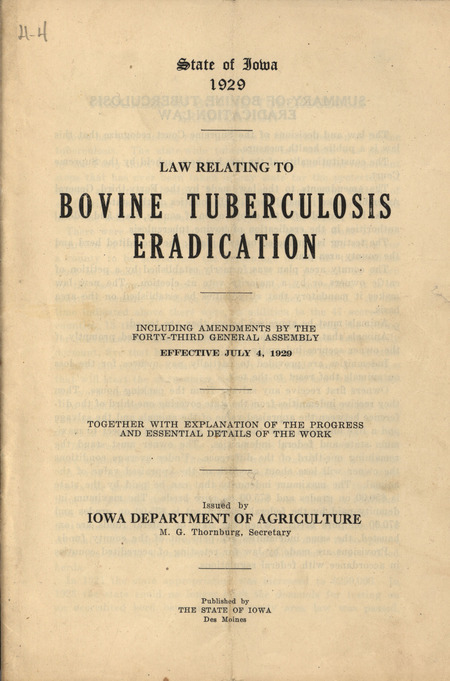 A copy of the laws created by the state of Iowa, related to the eradication of Bovine Tuberculosis.