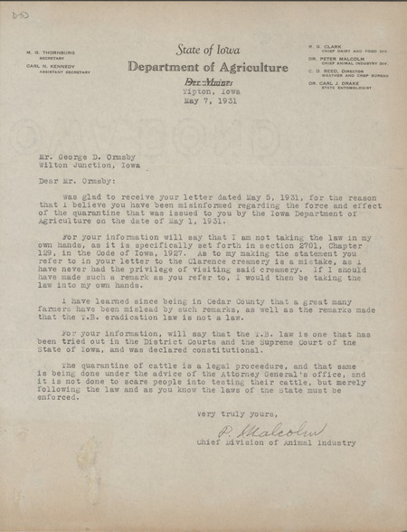 Letter from P. Malcohm to George D. Ormsby, discussing the quarantine of his dairy and breeding cattle.