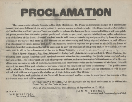 A proclamation sending troops to Cedar County to restore law and order.