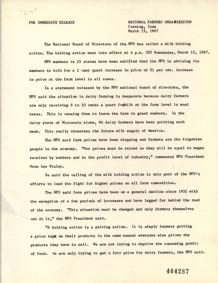 National Farmers Organization news release announcing a milk holding action.