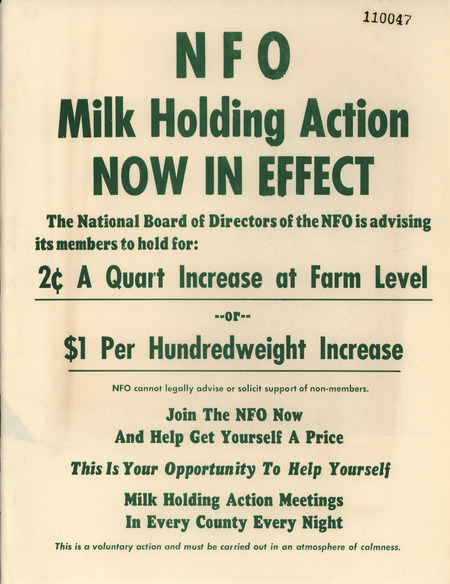 Flyer notifying NFO members that a milk holding action is in effect. The flyer advises members to hold for a 2 cent a Quart Increase at Farm level or $1 per hundredweight increase.