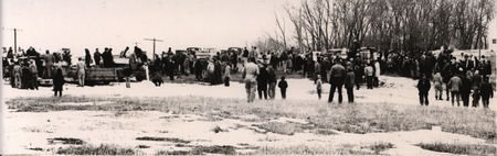 Panoramic photo of many farm families dumping milk into a field.
