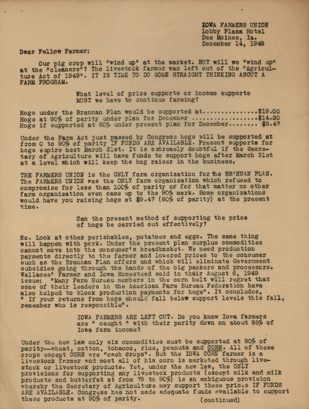 Letter from Iowa Farmers Union to members, urging supports for the Brannan Plan.