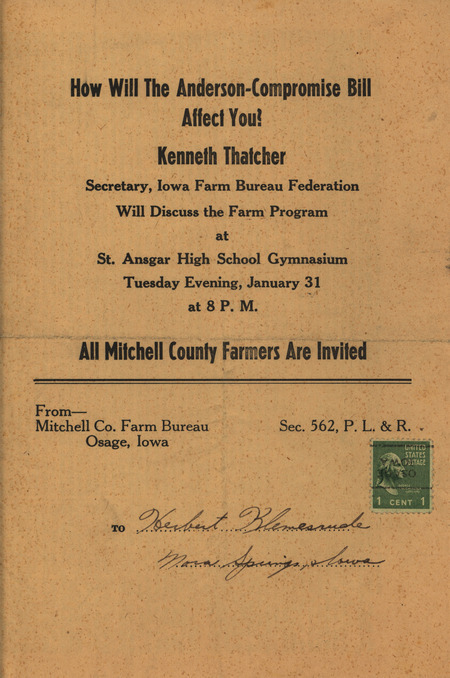 Program for a meeting of the Iowa Farm Bureau Federation in Mitchell County. Includes resolutions of the Iowa Farm Bureau Federation and a radio script on the Brannan Program.